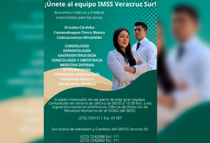 IMSS Veracruz Sur lanza convocatoria para contratar médicos especialistas en seis municipios.