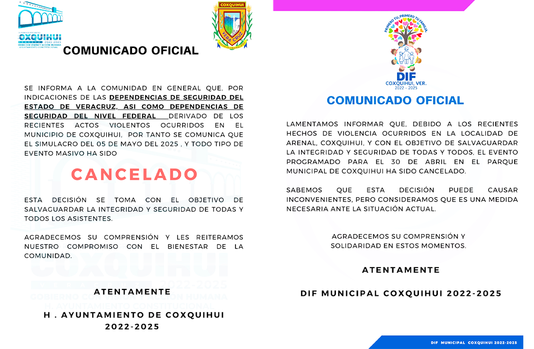 Por hechos violentos, Ayuntamiento de Coxquihui cancela actividades masivas