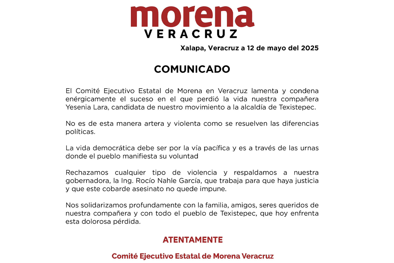 Comunicado del Comité Ejecutivo Estatal de Morena en Veracruz.