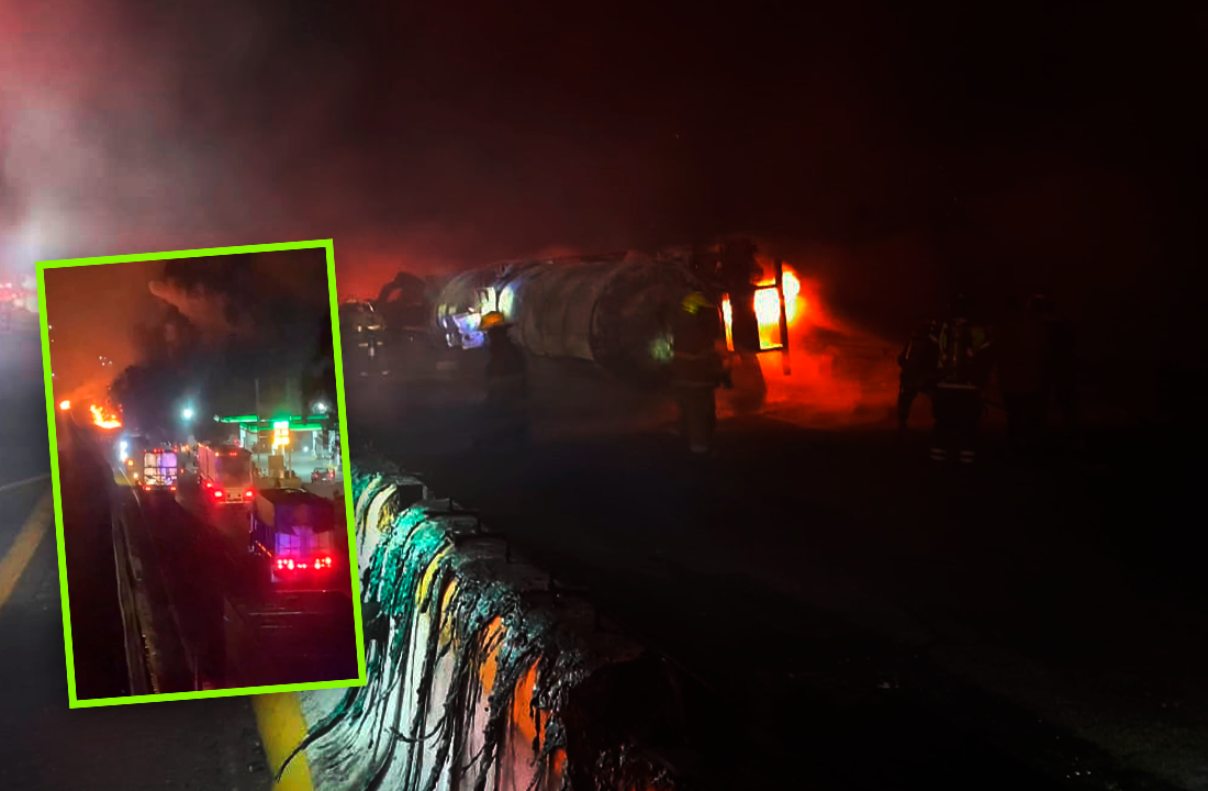 Corporaciones de socorro combaten el fuego en una pipa que transportaba combustóleo.