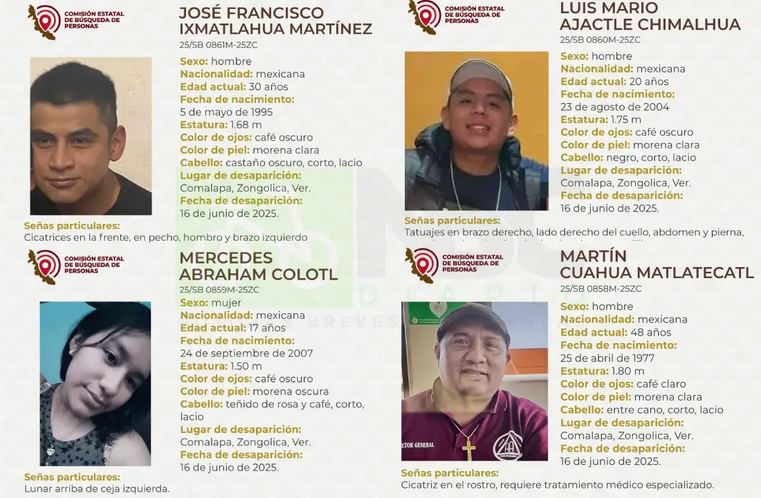 Fichas de cuatro personas desaparecidas en el municipio de Zongolica, Veracruz